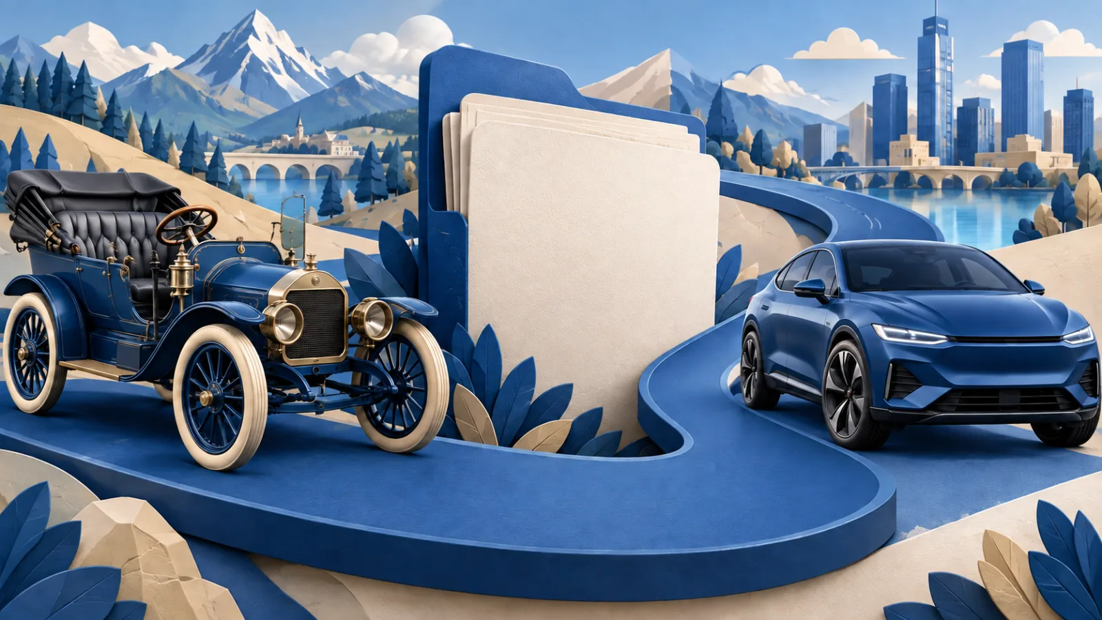 Ein historisches Automobil und ein modernes Auto auf einem geschwungenen blauen Weg neben einer Dokumentenmappe, als Bild für die Entwicklung des Rechtsschutzes.