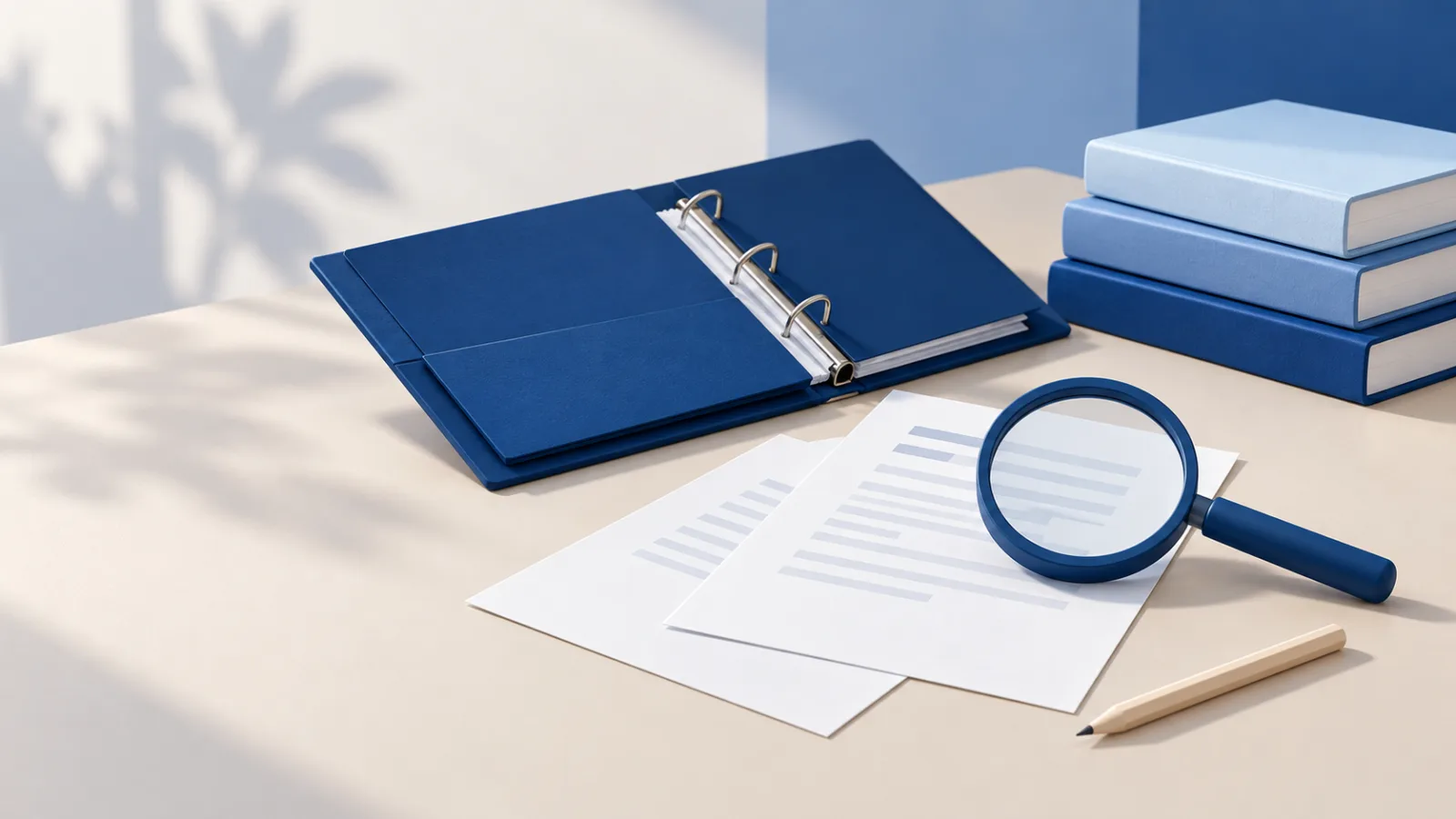 Illustration eines blauen Ordners mit Kursunterlagen, Büchern und einer Lupe zur Prüfung eines Weiterbildungsangebots.