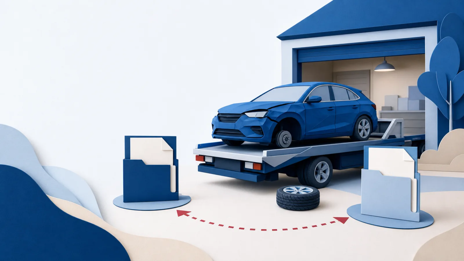 Beschädigtes Auto mit losem Rad auf einer Abschleppplattform zwischen Garage und zwei Versicherungsordnern.