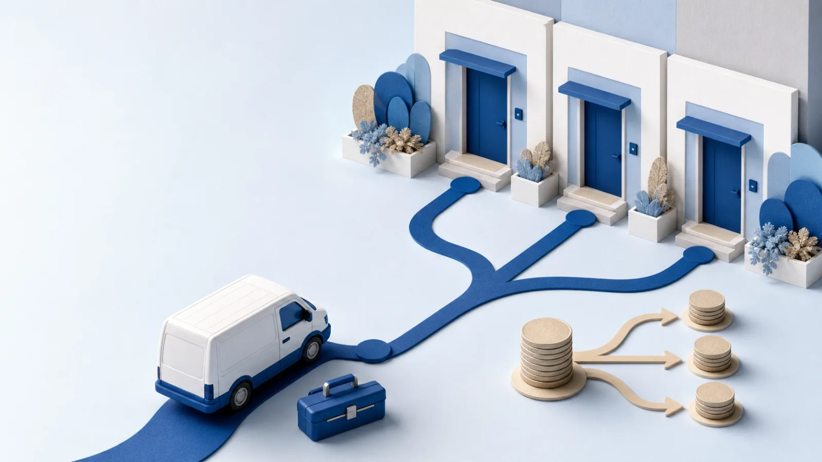 Servicefahrzeug auf einer verzweigten Route zu drei Wohnungstüren, daneben aufgeteilte Münzstapel.