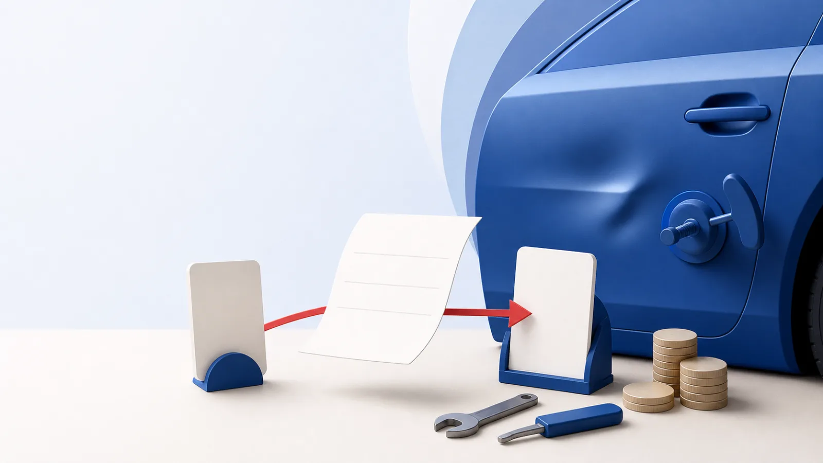 Blaue Autotür mit Reparaturwerkzeug, leerer Rechnung, Richtungsband und Münzstapeln.