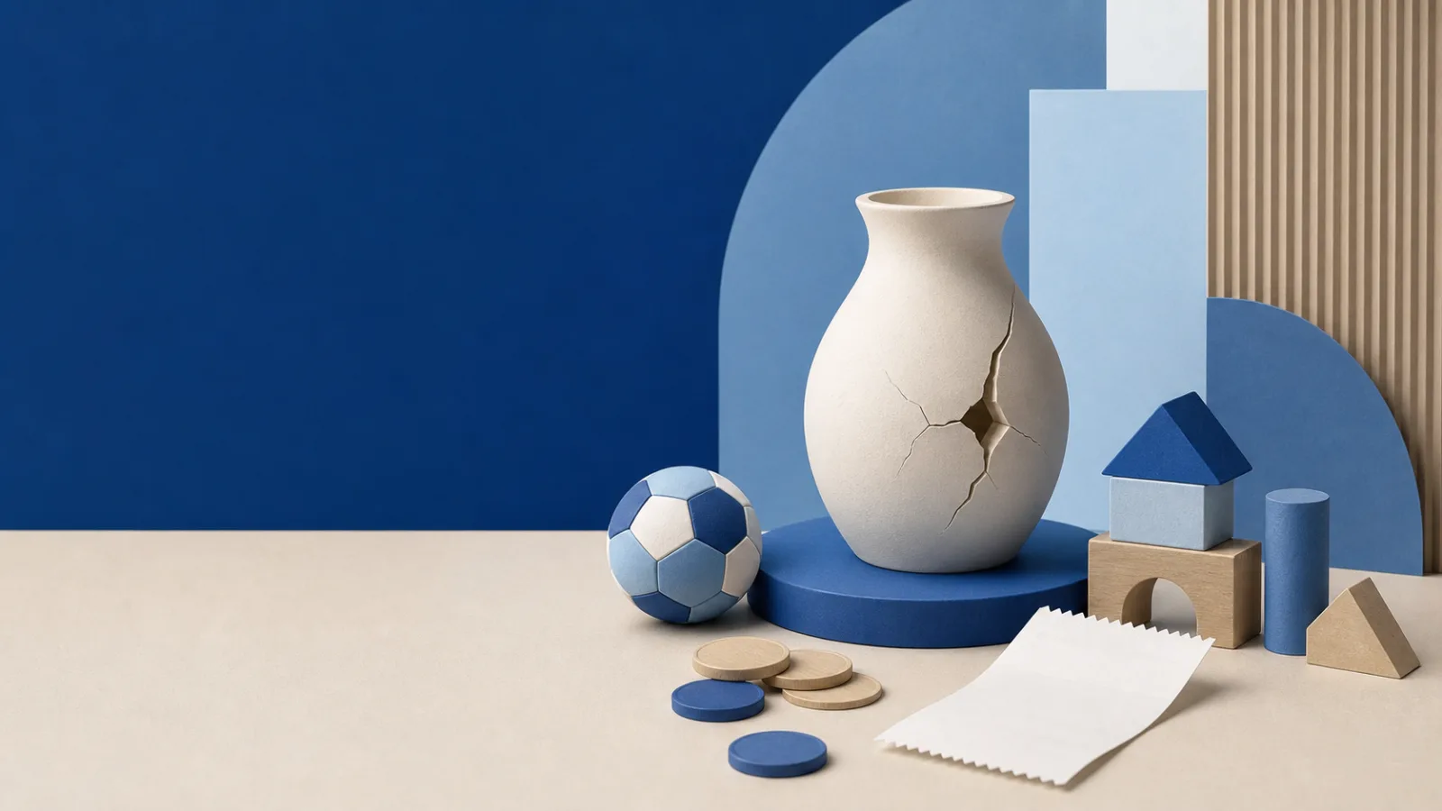 Vase en céramique cassé près d’une balle, de blocs, de pièces neutres et d’un reçu vierge.