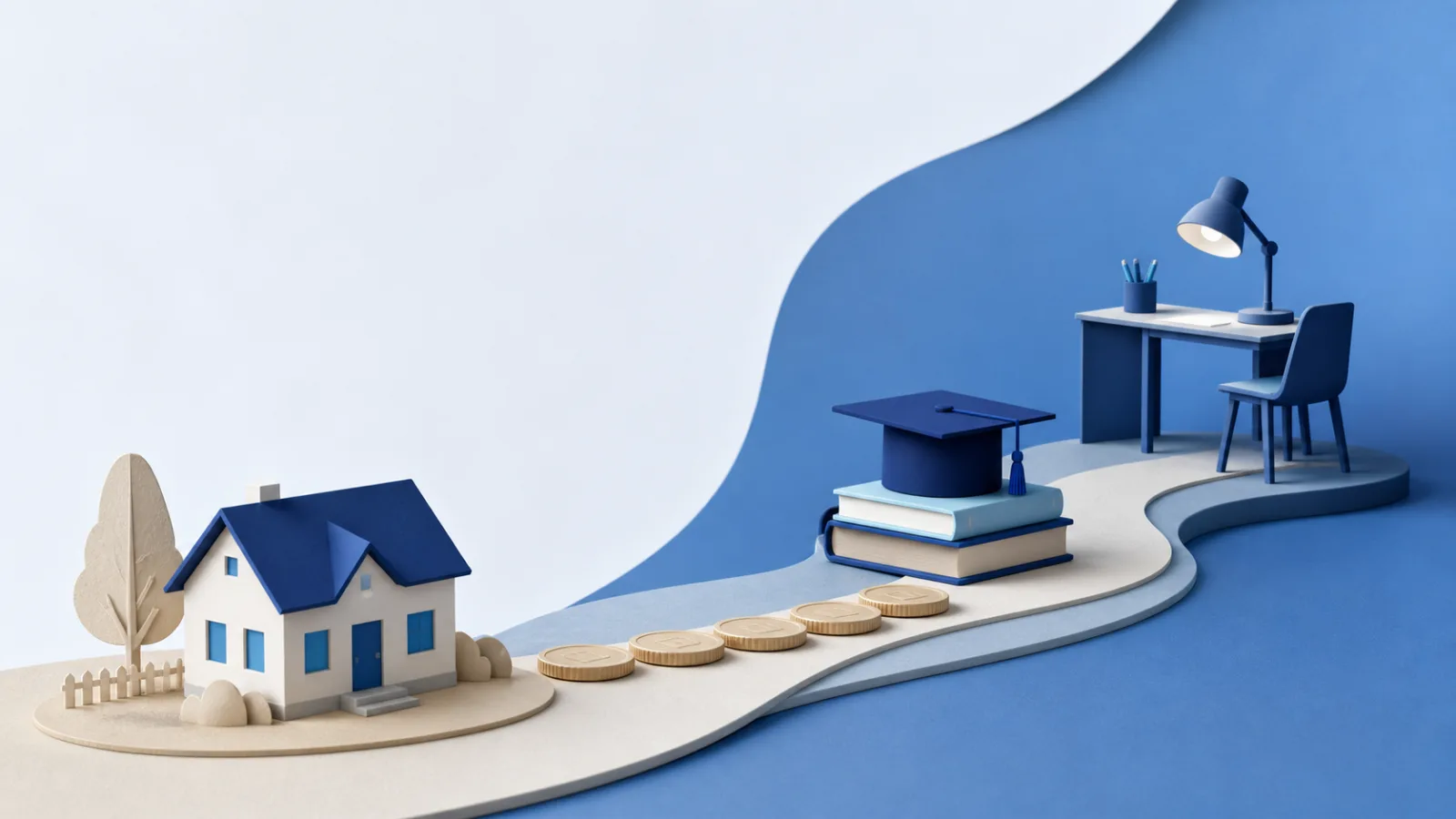 Maison familiale, chemin de pièces, livres et toque de diplômé menant à un espace d’étude.