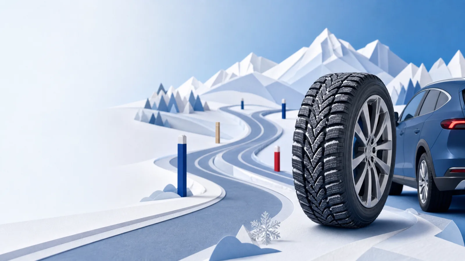 Pneu d’hiver devant une voiture et plusieurs routes alpines enneigées aux poteaux de couleurs différentes.