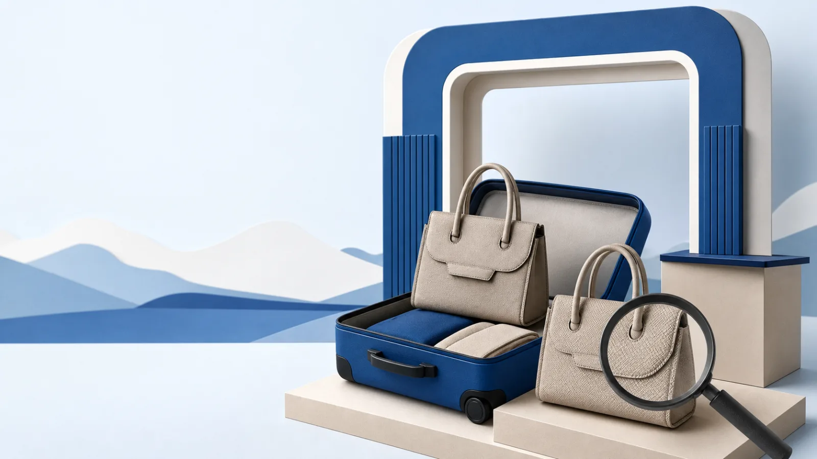 Valise ouverte contenant deux sacs à main similaires sans marque, comparés à l’aide d’une loupe.